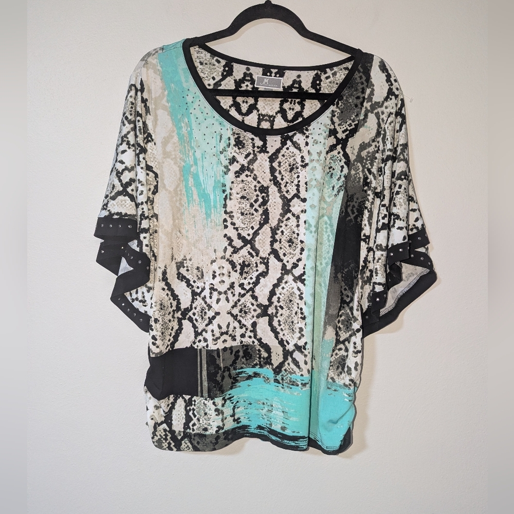 L JM Collection Python Print Embellished Bat Wing Top